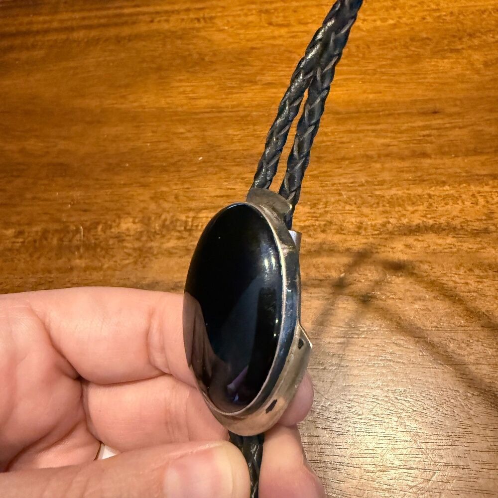 Vintage Sterling Silver Black Stone Bolo Tie - Picture 6 of 9
